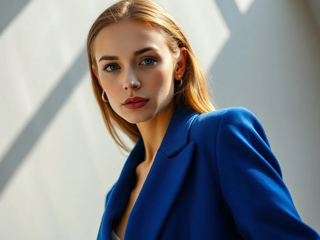 Kobieta w eleganckiej marynarce w kolorze kobaltowym pozująca w minimalistycznym studiu.