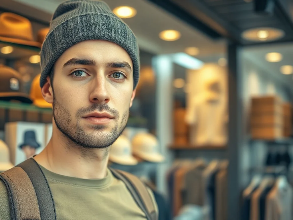Mężczyzna w modnej czapce typu beanie na tle witryny sklepowej z różnymi nakryciami głowy.