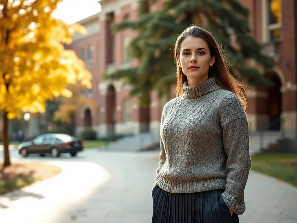 Kobieta w swetrze z warkoczowym splotem i plisowanej spódnicy na tle zabytkowego kampusu w stylu preppy.