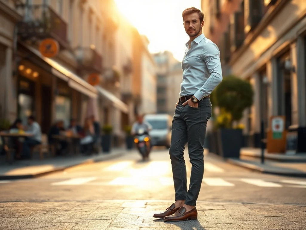 Elegancki mężczyzna w skórzanych mokasynach i chinosach, prezentujący stylizację typu smart casual na miejskiej ulicy.