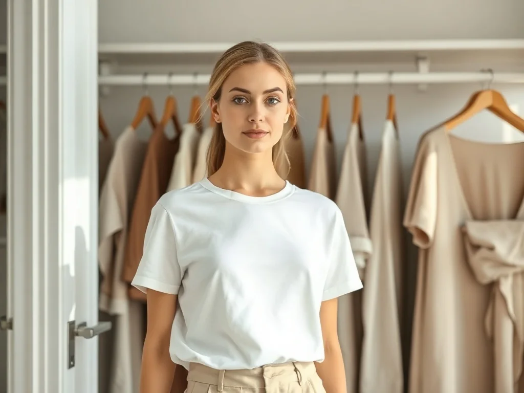 Kobieta w białym t-shircie i beżowych spodniach w minimalistycznej garderobie, prezentująca styl basic.