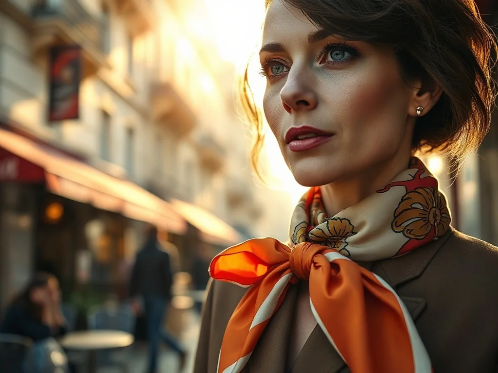 Stylowa kobieta wiążąca kolorową jedwabną apaszkę na szyi w paryskiej kawiarni. Elegancki sposób na modny dodatek.