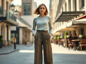 Kobieta w białym t-shircie i beżowych spodniach w minimalistycznej garderobie, prezentująca styl basic.