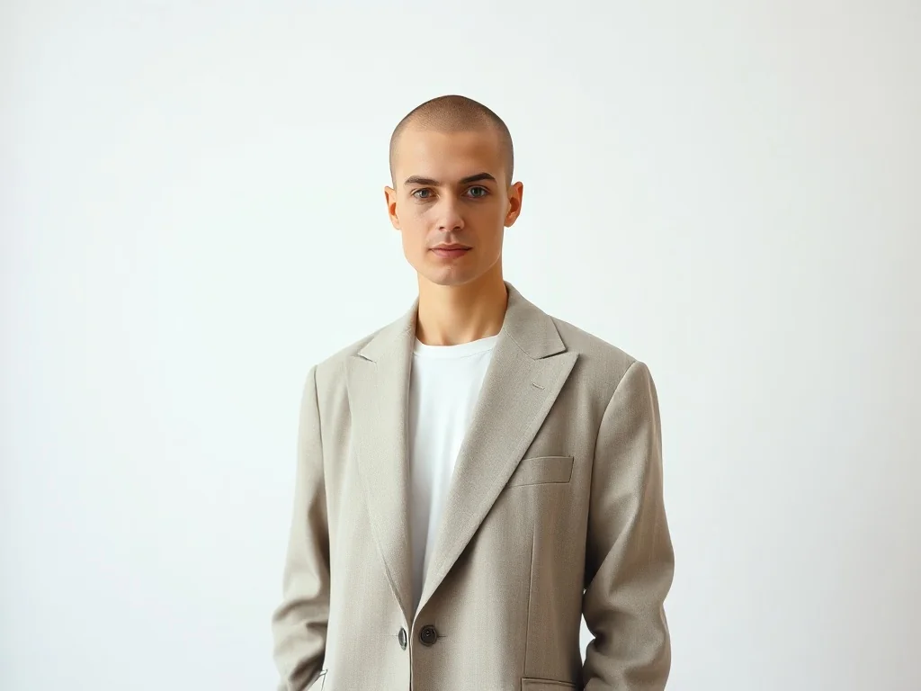 Osoba w minimalistycznej marynarce typu oversize na jasnym tle, prezentująca nowoczesny styl unisex.