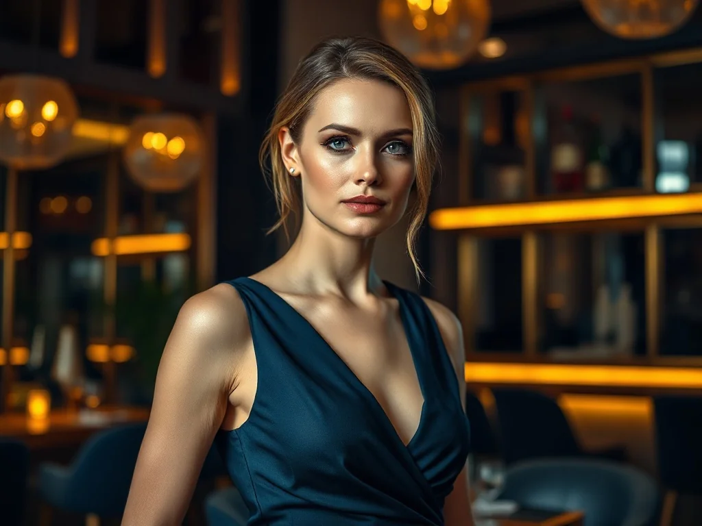 Elegancka kobieta w szykownej sukience koktajlowej w stylowym barze, prezentująca modną stylizację na wieczorne wyjście.