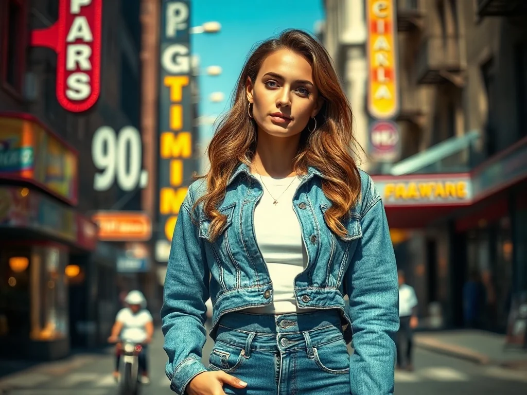 Kobieta w jeansowej kurtce i spodniach typu mom jeans na tle miejskiej architektury w stylu lat 90.