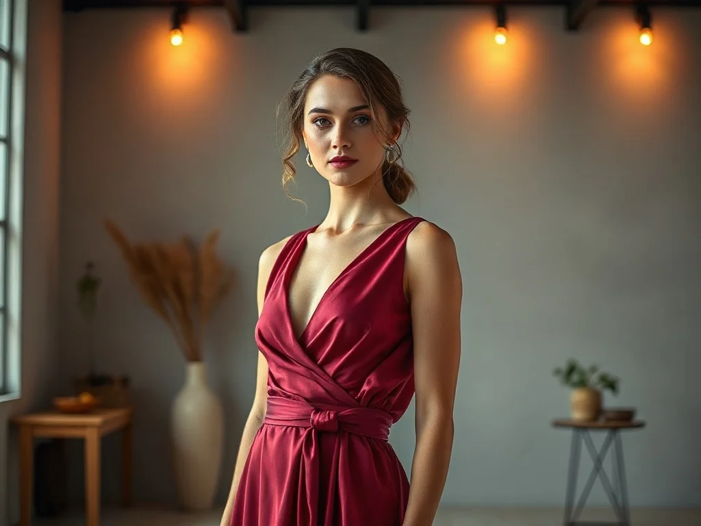 Elegancka kobieta w amarantowej sukience z jedwabiu na minimalistycznym, rozmytym tle.