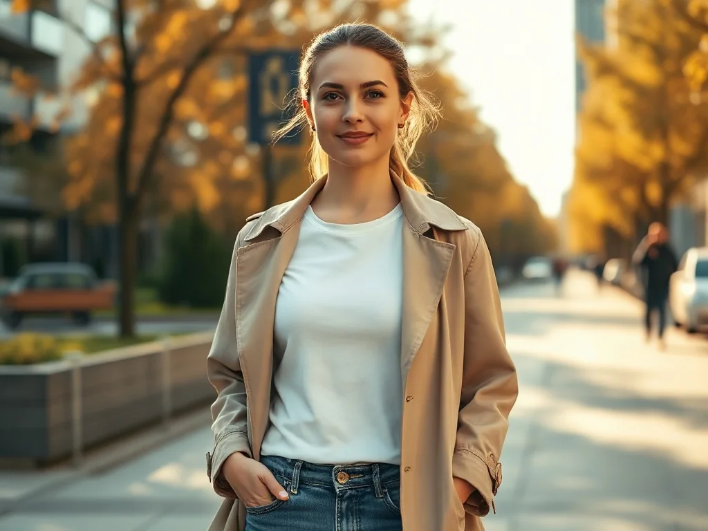 Stylowa kobieta w beżowym trenczu, białym t-shircie i jeansach spaceruje ulicą, prezentując modny zestaw casualowy.